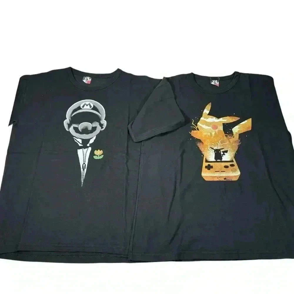 Lot Of 2 Cotton Malhas Pokemon / Mario Classic Crewneck Shirt Black Size M - Picture 1 of 16